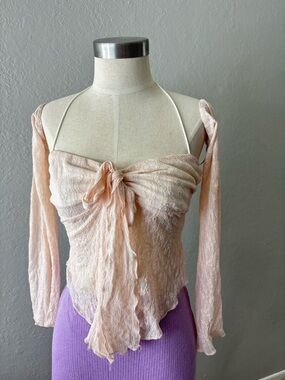 Tie-Front Sheer Long-Sleeve Top in Blush Pink